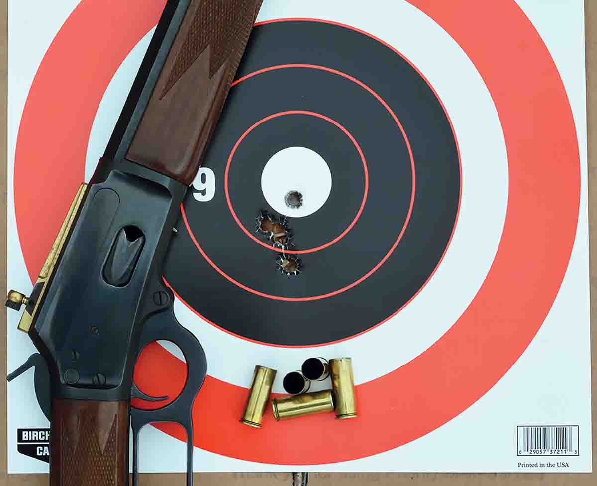 Excellent accuracy can be obtained with aperture sights, such as this 75-yard group fired from a Marlin Model 1894CB chambered in .45 Colt and fitted with a Skinner Sights Express Peep.